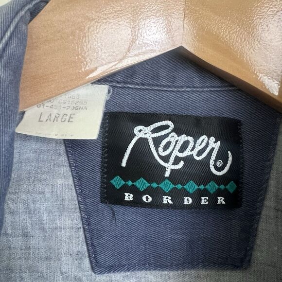 Vintage Roper Border Southwest‎ Striped Navy Blue Western Pearl Snap Shirt L USA - Picture 3 of 8